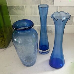 Vintage Set of 3 Blue Glass Bud Vases